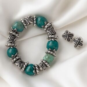 Women’s Silver Turquoise Beads Stretch Bracelet Earrings Matching Jewelry Set